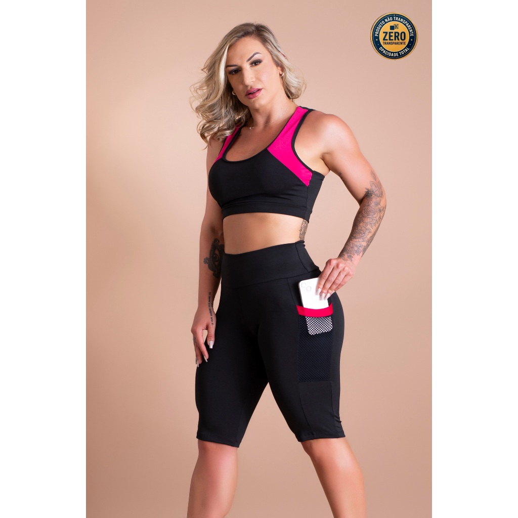 Conjunto Fitness Feminino Top Nadador Decote Costas E Bermuda Cintura Alta Bolso Lateral Academia ZERO TRANSPARÊNCIA