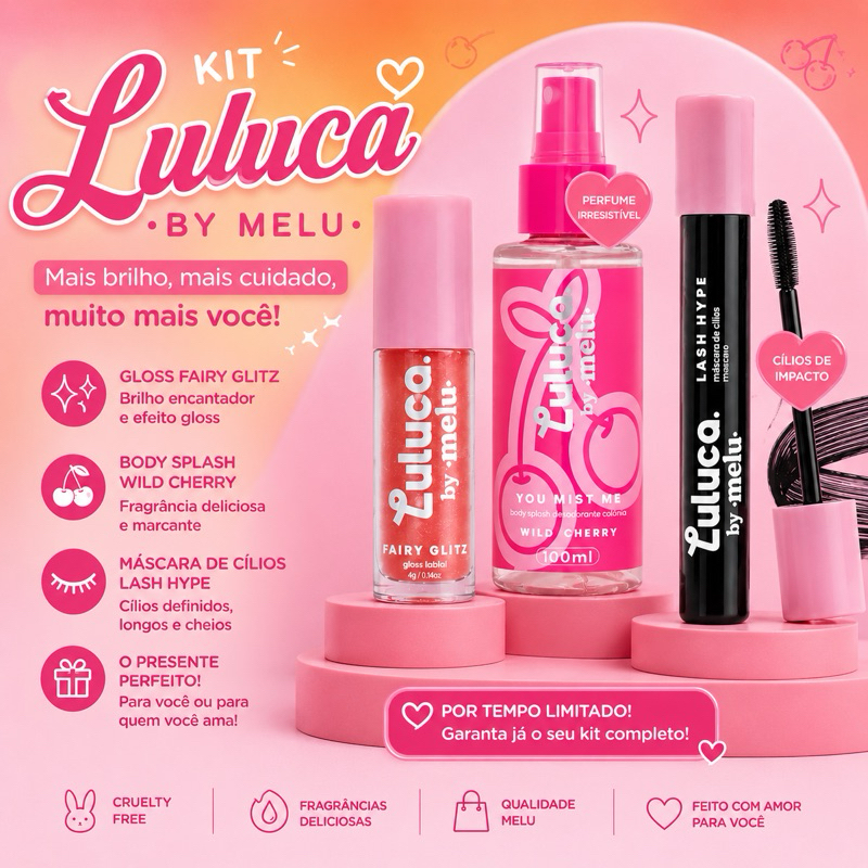 Kit para aniversario Luluca by Melu – Gloss + Body Splash + Máscara de Cílios
