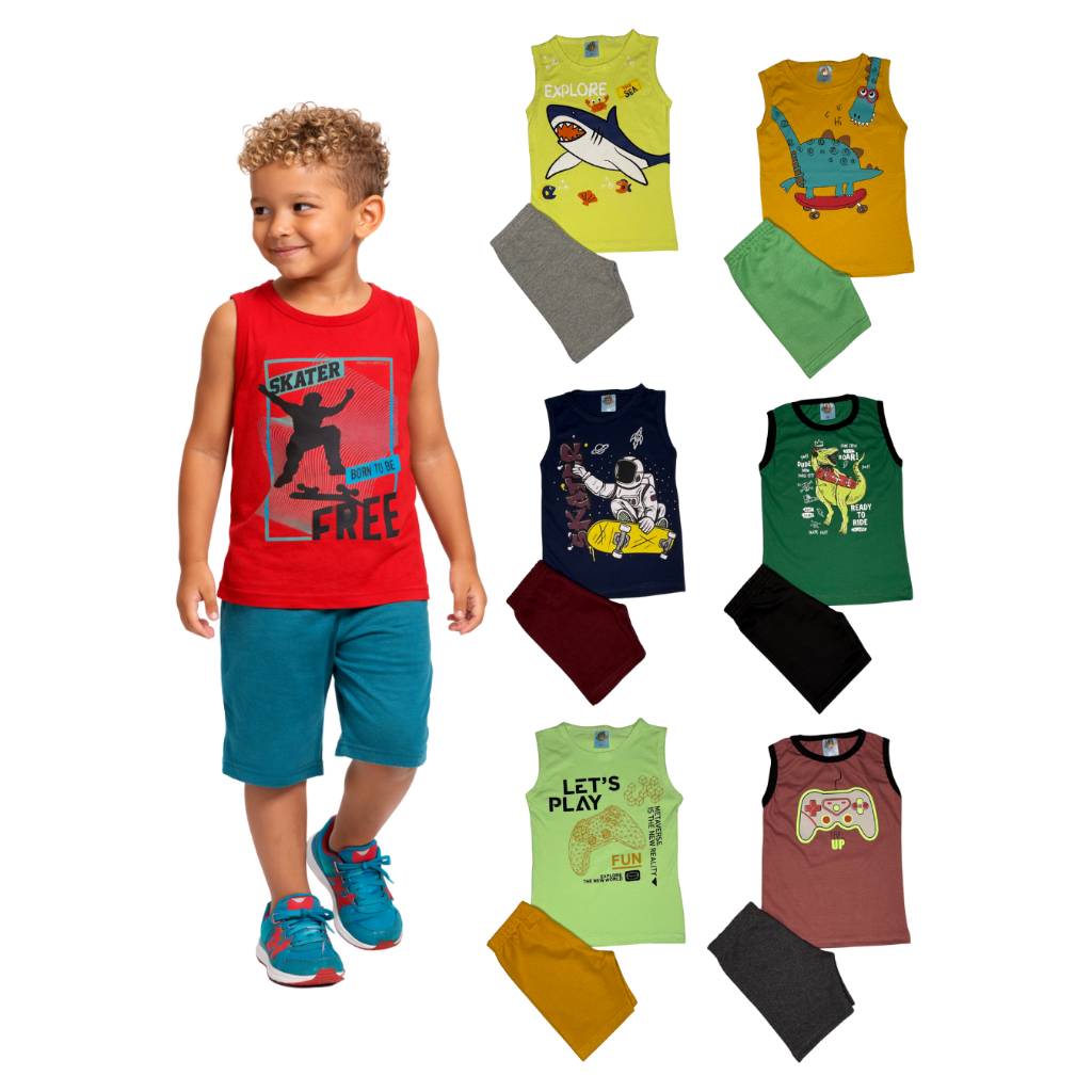 Kit 2 Conjuntos Sortido Regata Infantil Menino Verão 2 regatas 2 bermudas tamanho 1 2 3 4 6 8