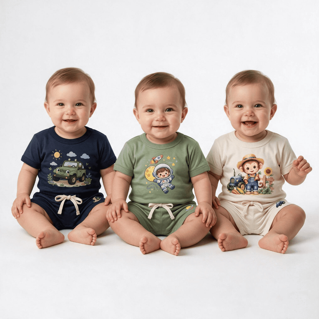 Kit 3 Conjuntos Infantil Bebê Menino 100% Algodão Confortável Camiseta e Short Bermuda Estampado