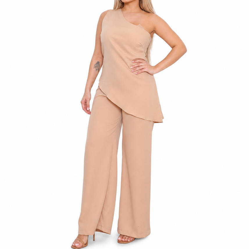 Conjunto Feminino Alfaiataria Calça Pantalona Blusa Assimétrica Um Ombro Só Mula Manca Festa Elegante Luxo Bege