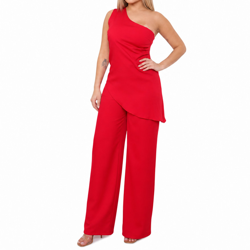 Conjunto Feminino Alfaiataria Calça Pantalona Blusa Assimétrica Um Ombro Só Mula Manca Festa Elegante Luxo Vermelho