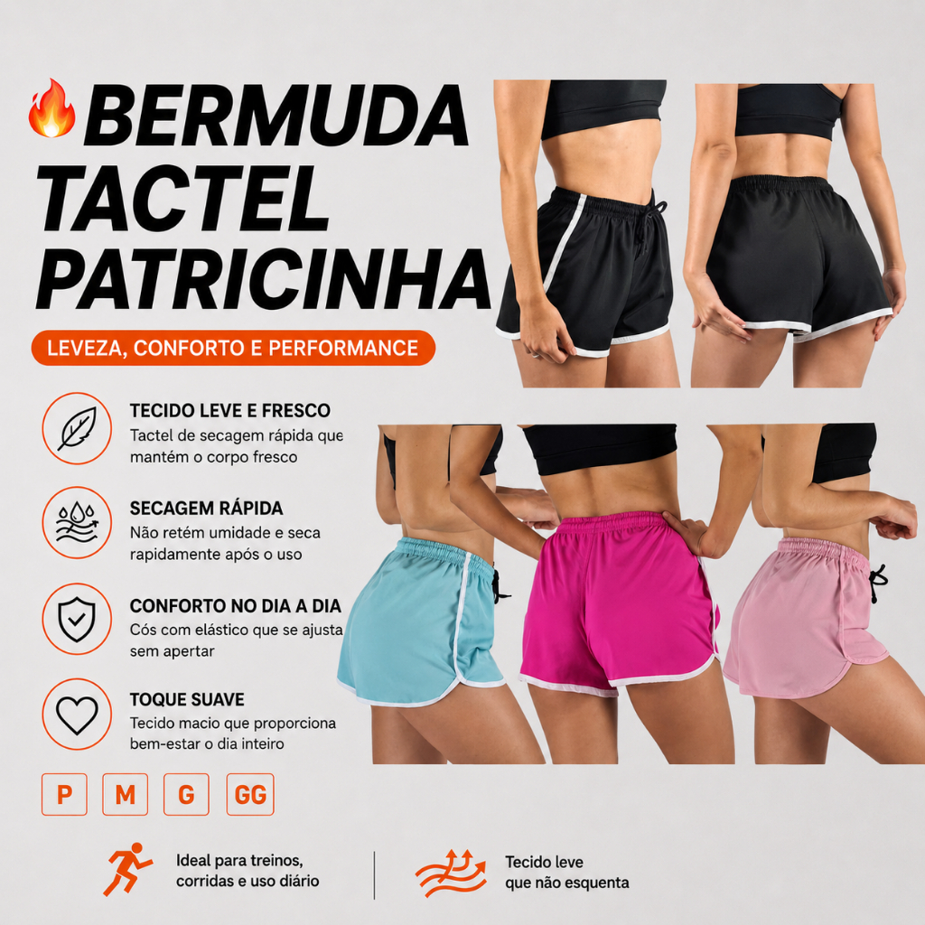 Short Bermuda Feminino Tactel com elastano Patricinha Shortinho Para Academia Corrida praia esportes