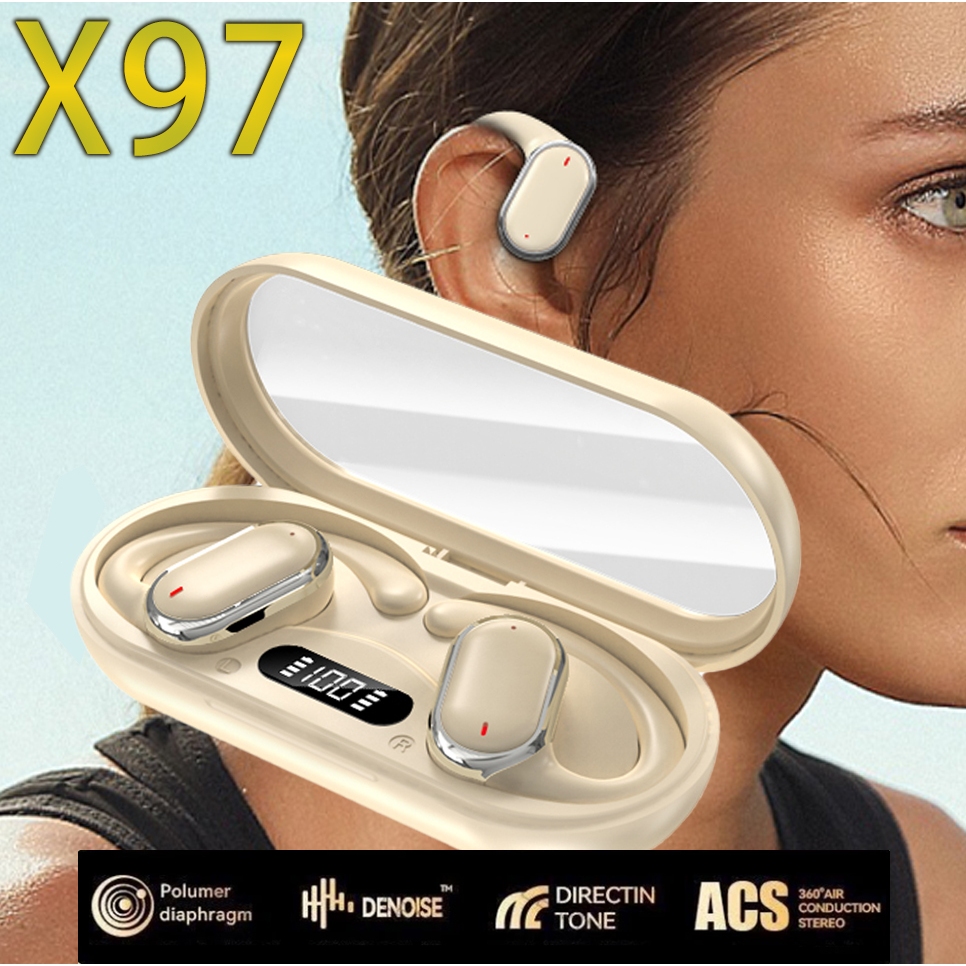 Fone Bluetooth X97 Clip-On Aberto, Não Entra no Ouvido, Bluetooth 5.3, Microfone com IA e Display de Bateria