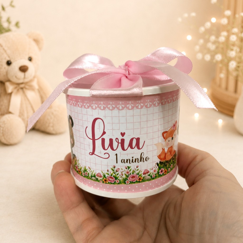 KIT TUBOLATA PERSONALIZADA 5X6-BOSQUE MENINA-LEMBRANCINHAS-CHÁ DE BEBE-MATERNIDADE-ANIVERSÁRIO
