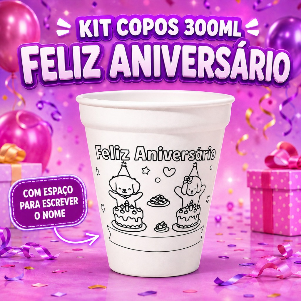 Kit de 10 a 50 Copos para Colorir Feliz Aniversário – Com Espaço para Nome, 300ml, Brindes, Presente, 🧡