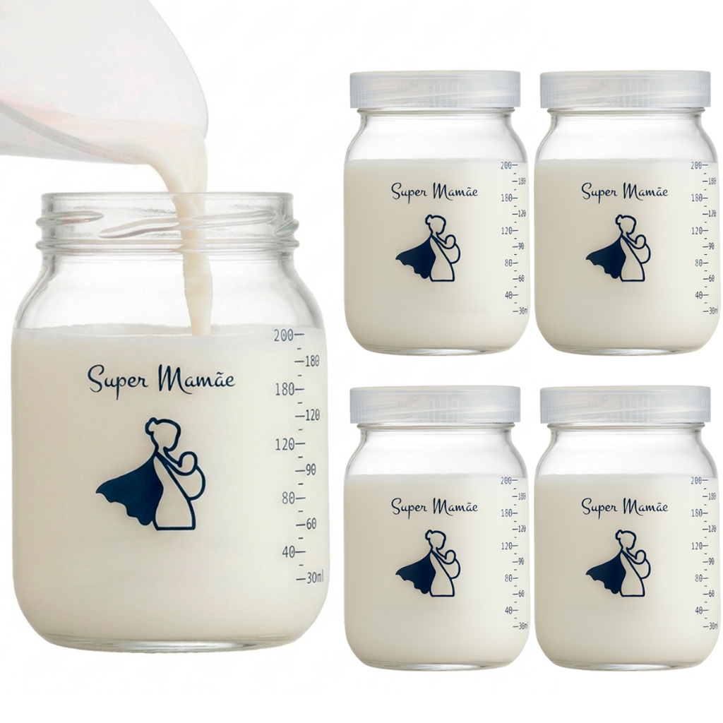 Kit com 5 Potes de Vidro 200ml para Leite Materno – Vidro Grosso, BPA Free, Tampa Rosqueável