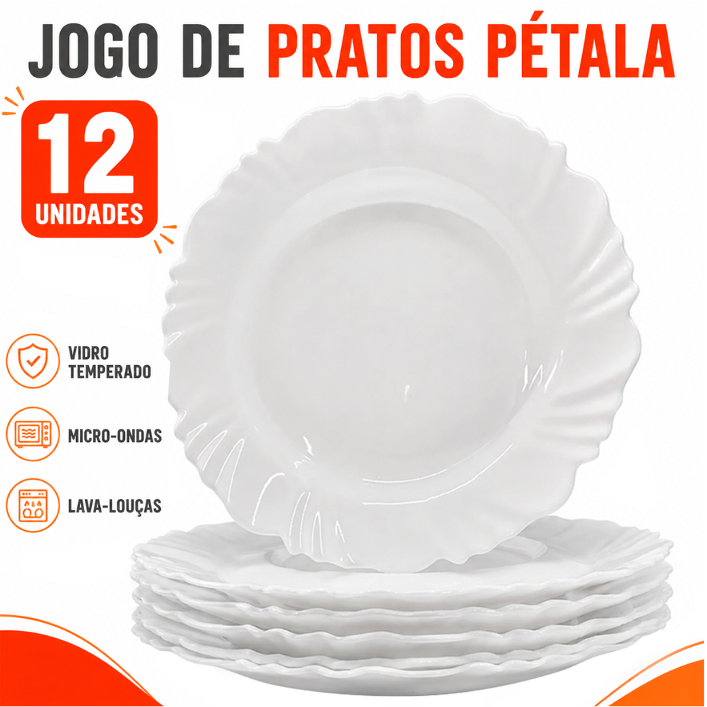 Kit Jogo 12 Pratos Fundo Petala Duralex Branco Opaline Vidro Temperado Resistente Almoço Janta