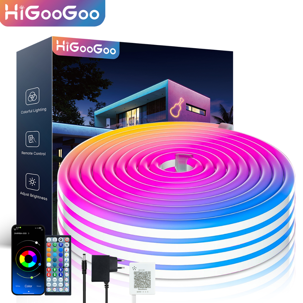 HiGooGoo Fita Neon LED RGB com APP e Controle Remoto Sincroniza com Música Luz Neon Flexível Decoração Gamer