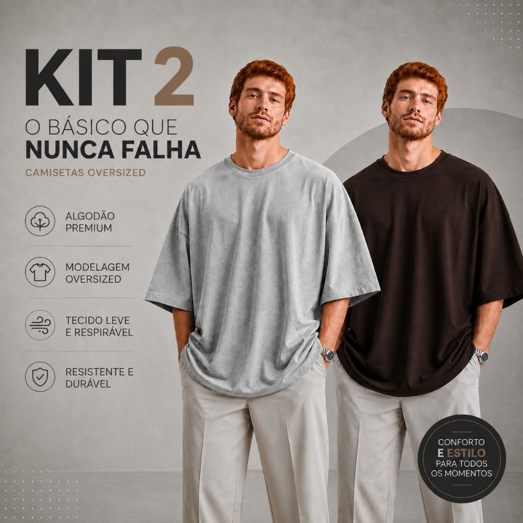Kit 2 Streetwear Camiseta Oversized Masculina Malha Penteada Premium Básica Lisa Confortável