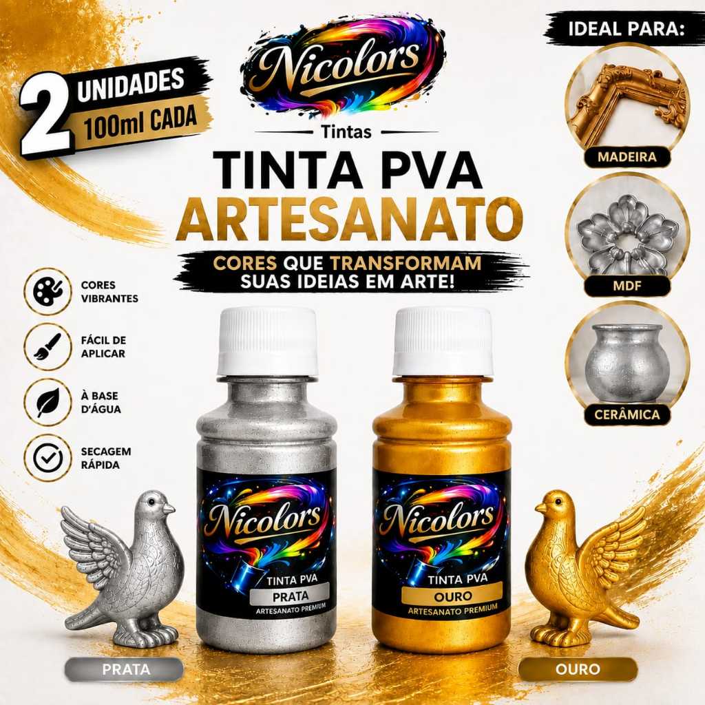Tinta Metálica Prata e Ouro - Para Gesso, Arte e Artesanato em Geral- 100Ml cada