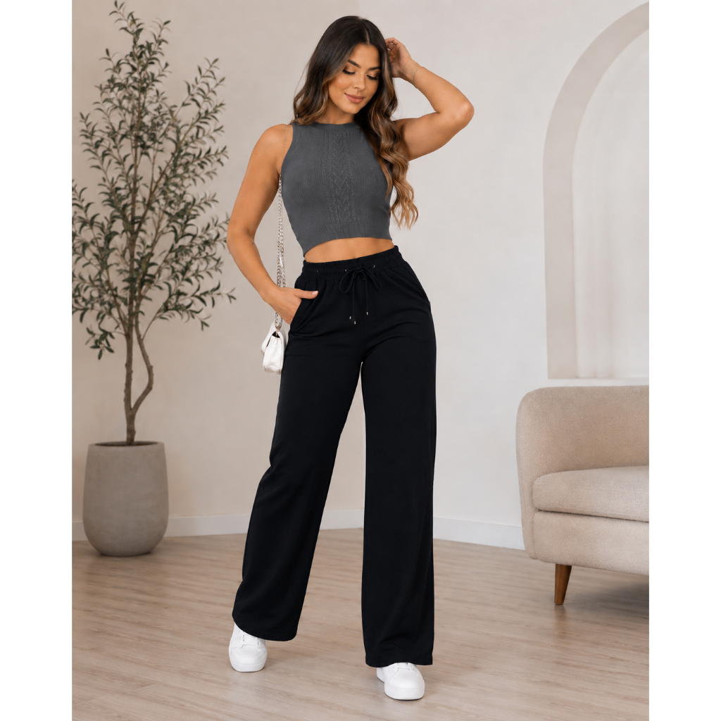 Calça Pantalona Lanzinha Feminina Cintura Alta Caimento Elegante com Amarração Premium