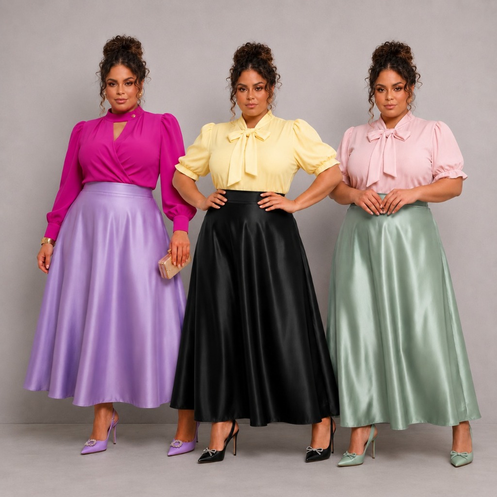 Saia Plus Size Longa Rodada Acetinada Cintura Alta  Zíper Moda Evangélica Elegante Outono Feminina