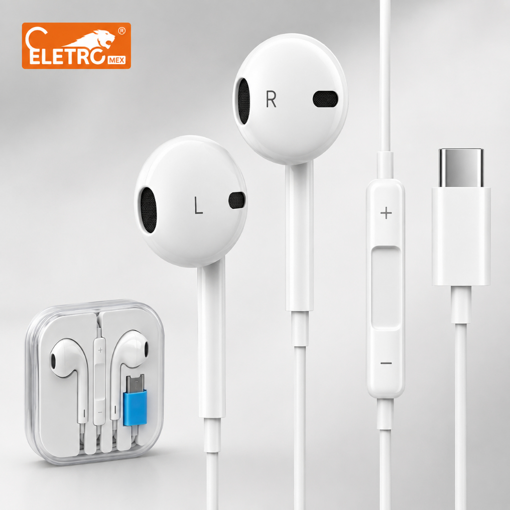 Fone com Fio Tipo C USB-C Original Eletromex com Microfone para Celular Samsung 