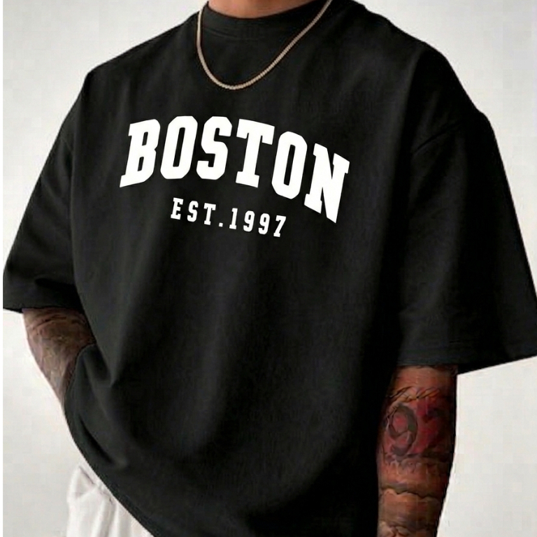 Camiseta  Estilosa Masculina Americana Estampa Boston Streetwear Moda Masculina Casual Confortável Básica Versátil