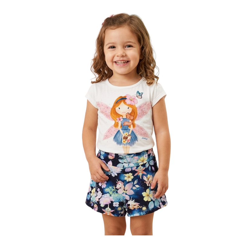 conjunto infantil menina fada blusa com strass short saia colorido confortável tamanho 2 anos