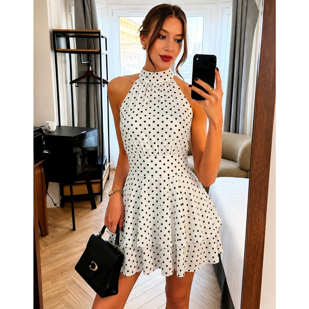 Vestido Feminino Curto Poá Macaquinho Com Amarração Nas Costas Elegante Tendencia