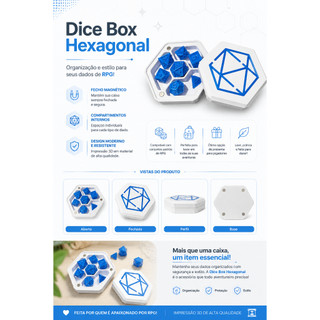 Dice Box Hexagonal Premium - Organizador de Dados RPG Ícone D20, estojo dados, Impressão 3D, IMA