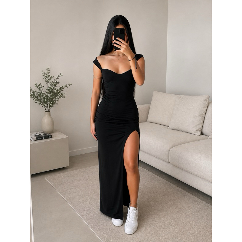 Vestido Longo Feminino Decote Coração Suplex com Fenda Justo Festa e casual