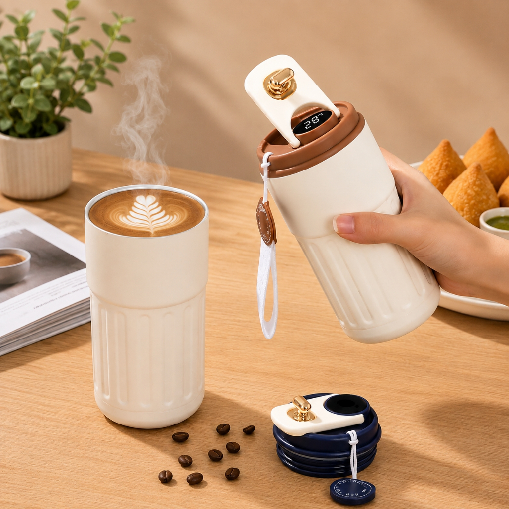Copo Térmico Inox 450ml com Display Digital, Tampa com Trava, Garrafa para Café, Chá, Água Quente e Fria