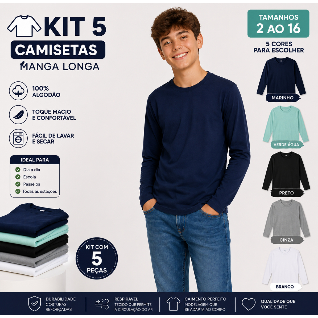 Kit 5 Camisetas Manga Longa Camisa 100% Algodão Blusa Escola Básica Infantil Juvenil