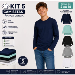 Kit 5 Camisetas Manga Longa Camisa Blusa Escola Básica Infantil Juvenil Segunda Pele
