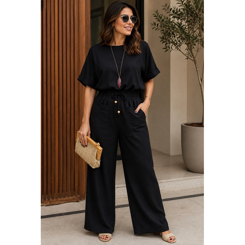 Conjunto Elegante Alfaiataria em  Linho, Blusa Over manga Curta e Calça Pantalona com Bolso Confortável ,Tendência