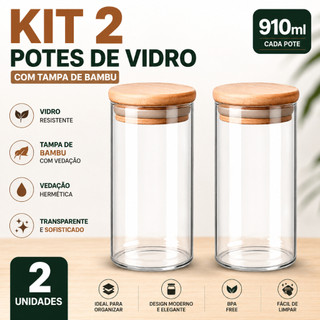 Kit 2 Potes de Vidro com Tampa de Bambu Biscoito Organizador Alimentos 910ml Cereais Cozinha Cereais