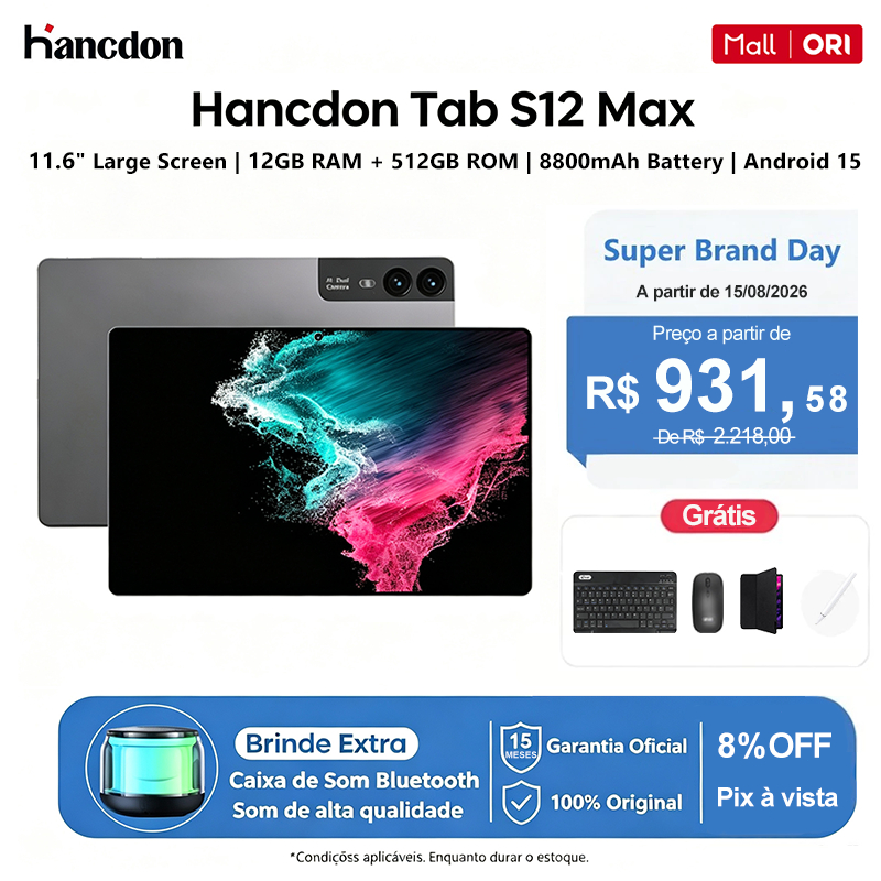 Hancdon S12 Max Tablet 11.6" | 12GB RAM + 512GB ROM | Bateria 8800mAh | 5G + Wi-Fi MTK6799