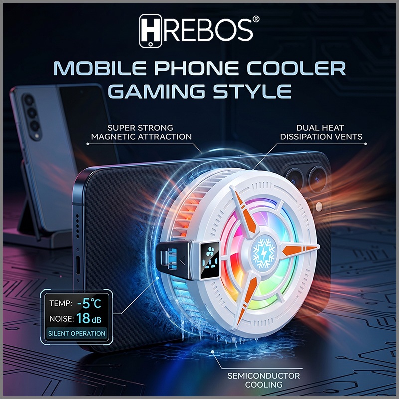 HREBOS Game Phone Radiador Ventilador de resfriamento magnético RGB leve removível Bateria de longa duração