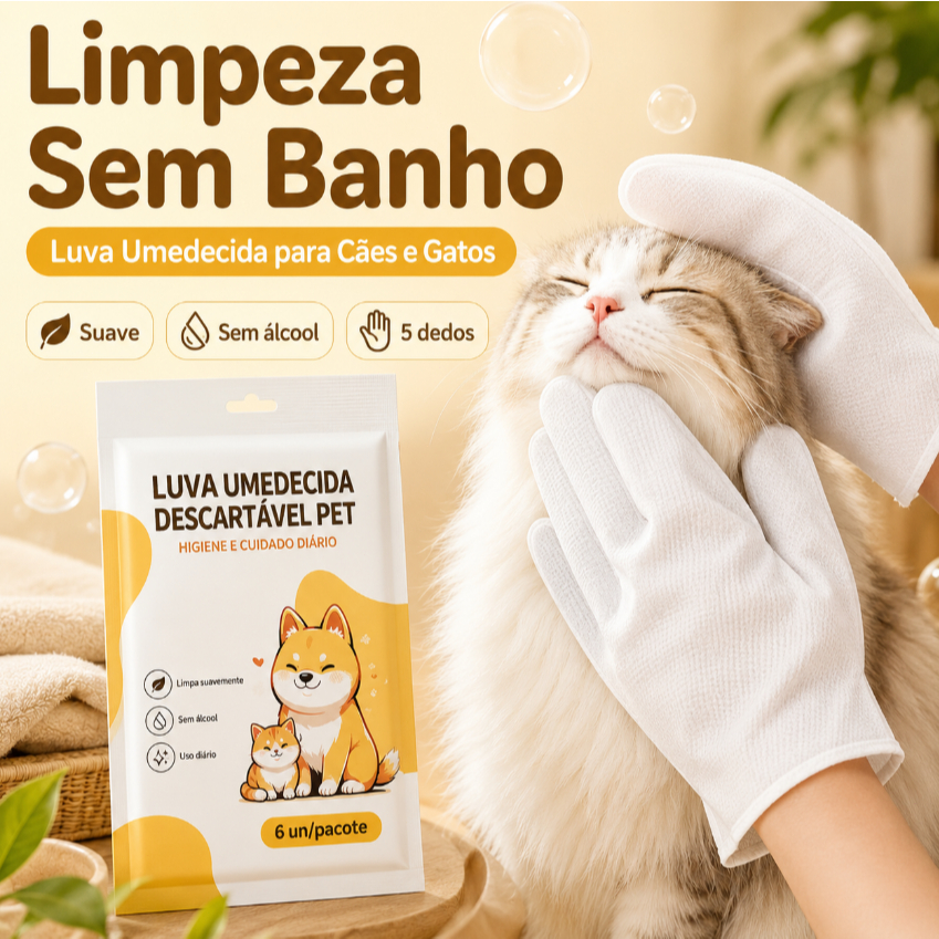 Luva Umedecida Descartável Pet para Cães e Gatos Limpeza Sem Banho Higiene de Patas Pelos e Corpo