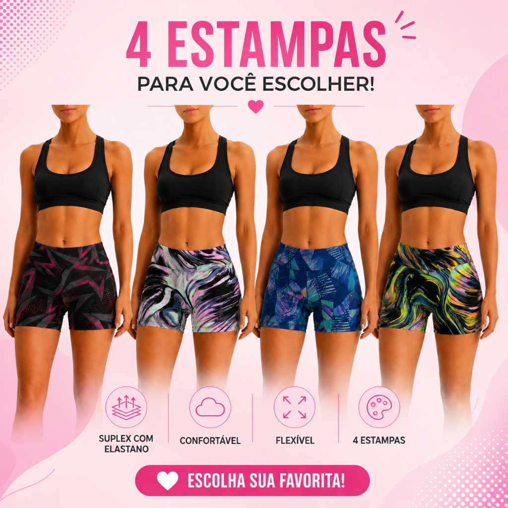 Shortinho Suplex Estampado Feminino Curto Verão Praia Casual Fitness Academia Cintura Média Colorido