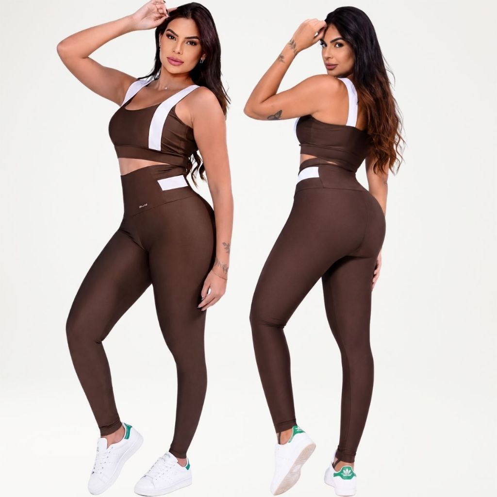 Conjunto Fitness Feminino Legging Cintura Alta Top com Bojo Removível Academia Poliamida
