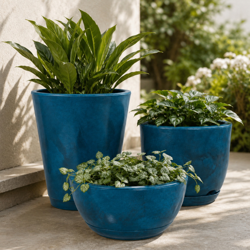 Kit 3 Vasos Para Plantas Polietileno Luxo Marmorizado Jardim