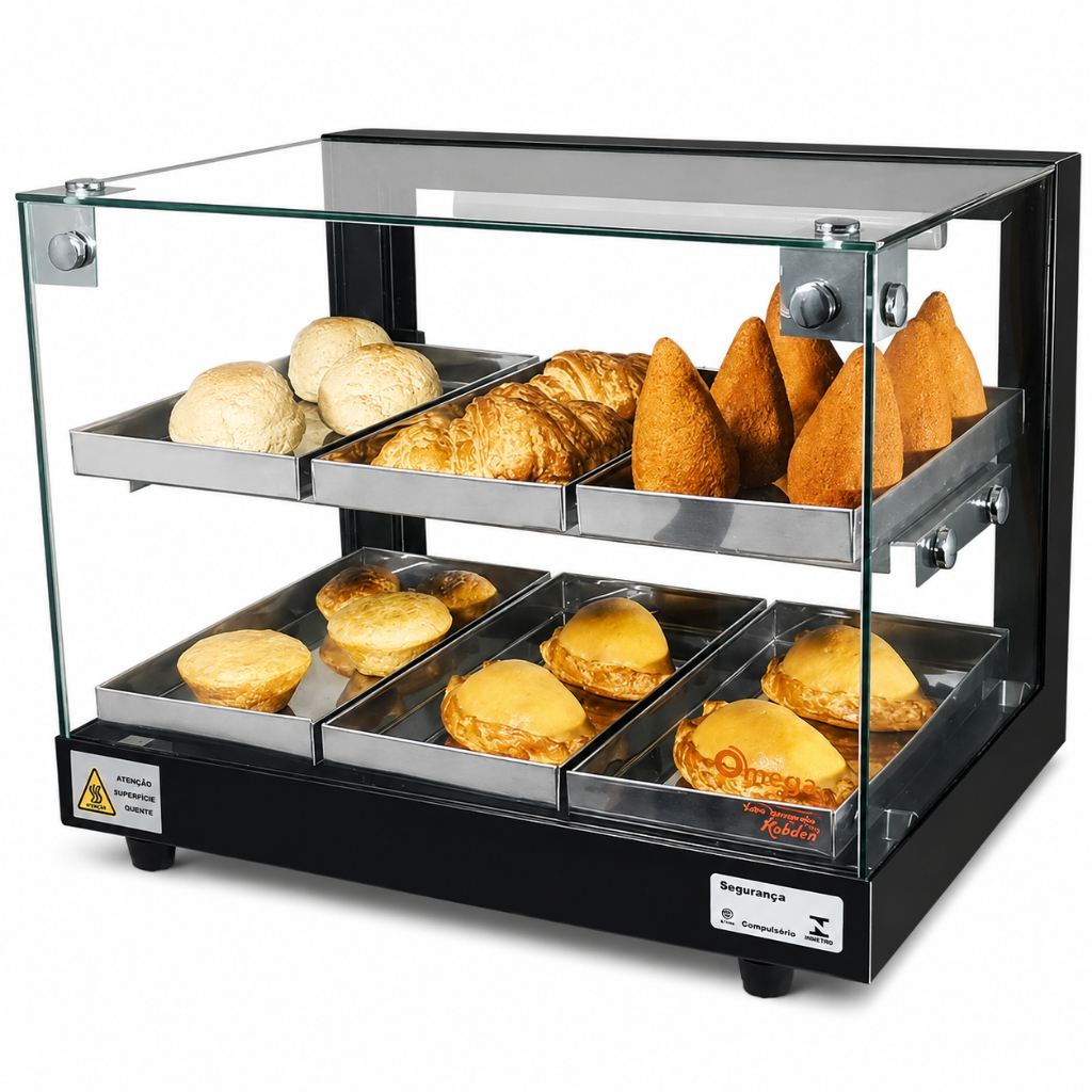 Estufa para Salgados Vitrine Dupla 6 Bandejas Aquecida Quadrada - Omega