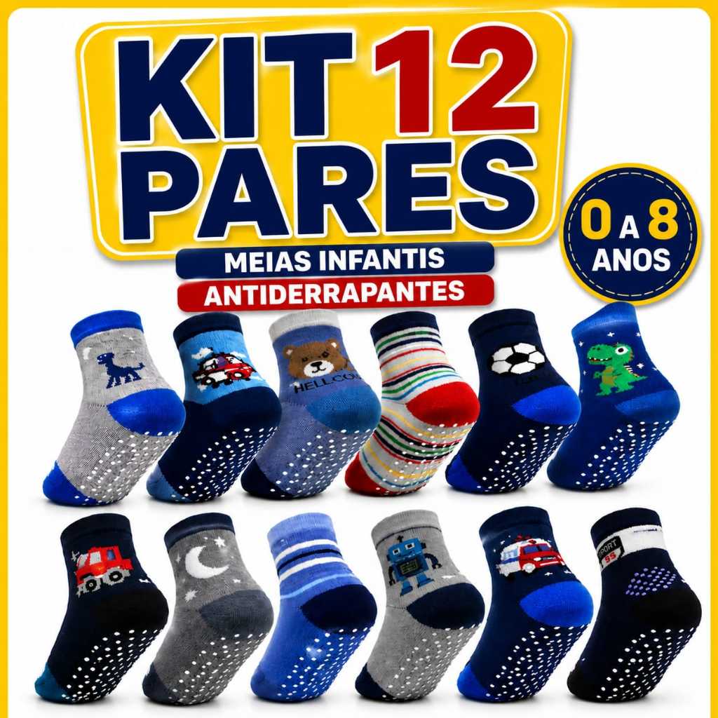 MEIA INFANTIL MENINO BEBE CRIANÇA 12 PARES ANTIDERRAPANTE