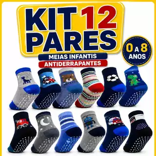 MEIA INFANTIL MENINO BEBE CRIANÇA 12 PARES ANTIDERRAPANTE