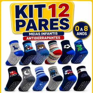 MEIA INFANTIL MENINO BEBE CRIANÇA 12 PARES ANTIDERRAPANTE