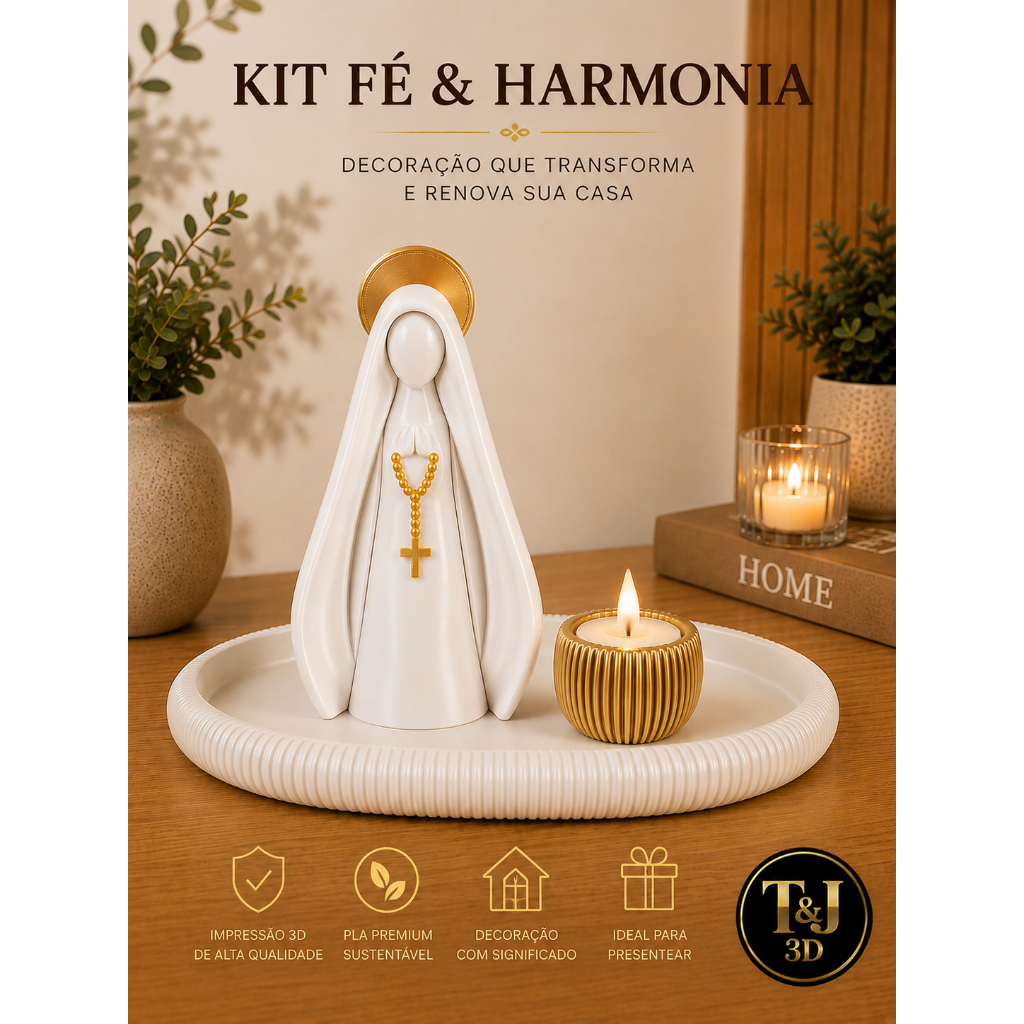 Kit Nossa Senhora Aparecida com Vela e Bandeja Decorativa 3D | Kit Religioso Católico | Decoração de Casa Altar Oratório