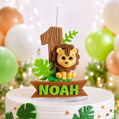 Vela de aniversário em biscuit tema safari leão 1,2,3,4,5,6,7,8 e 9 anos