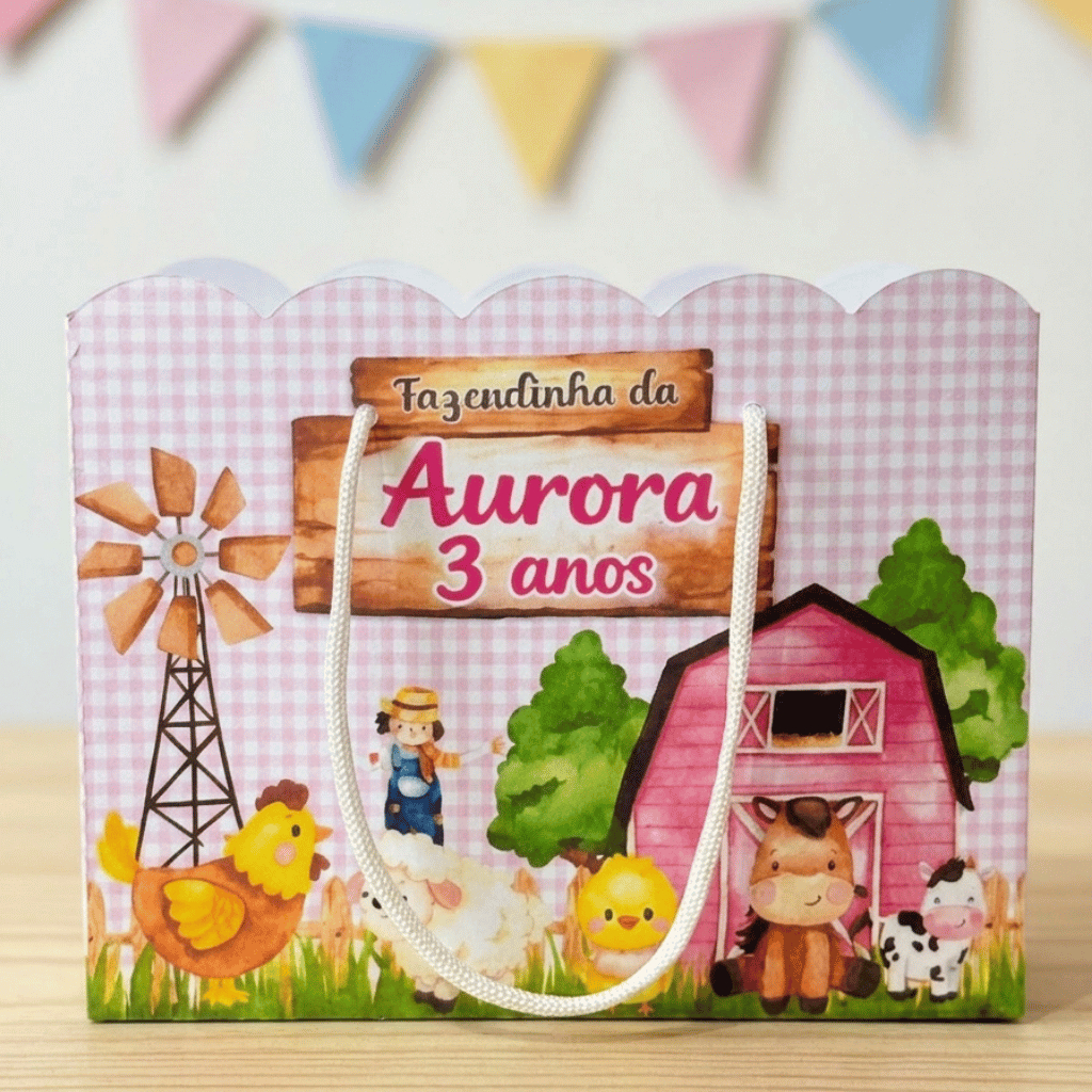 Sacolinha Personalizada Fazendinha Rosa Lembrancinha Festa Infantil PEGUE E MONTE Papelaria Personalizada.