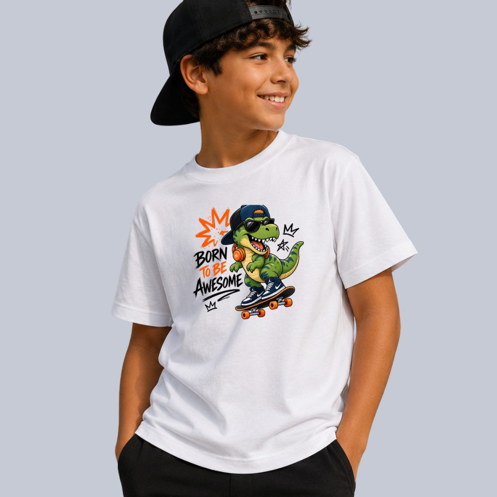 Camiseta Masculina Infantil Juvenil 100% Algodão Menino Cor Branca Dinossauro Dino Radical