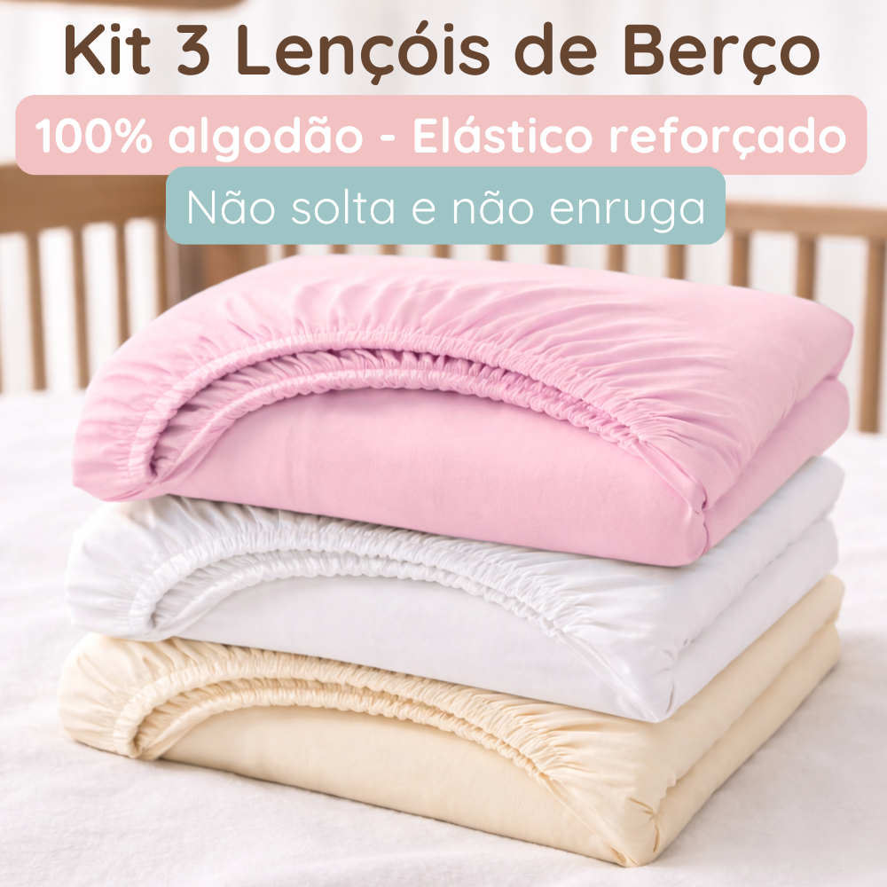Kit de Lençol Berço Americano com Elástico 100% Algodão Macio 3 Peças Bebê Menina Nacional