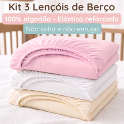 Kit de Lençol Berço Americano com Elástico 100% Algodão Macio 3 Peças Bebê Menina Nacional