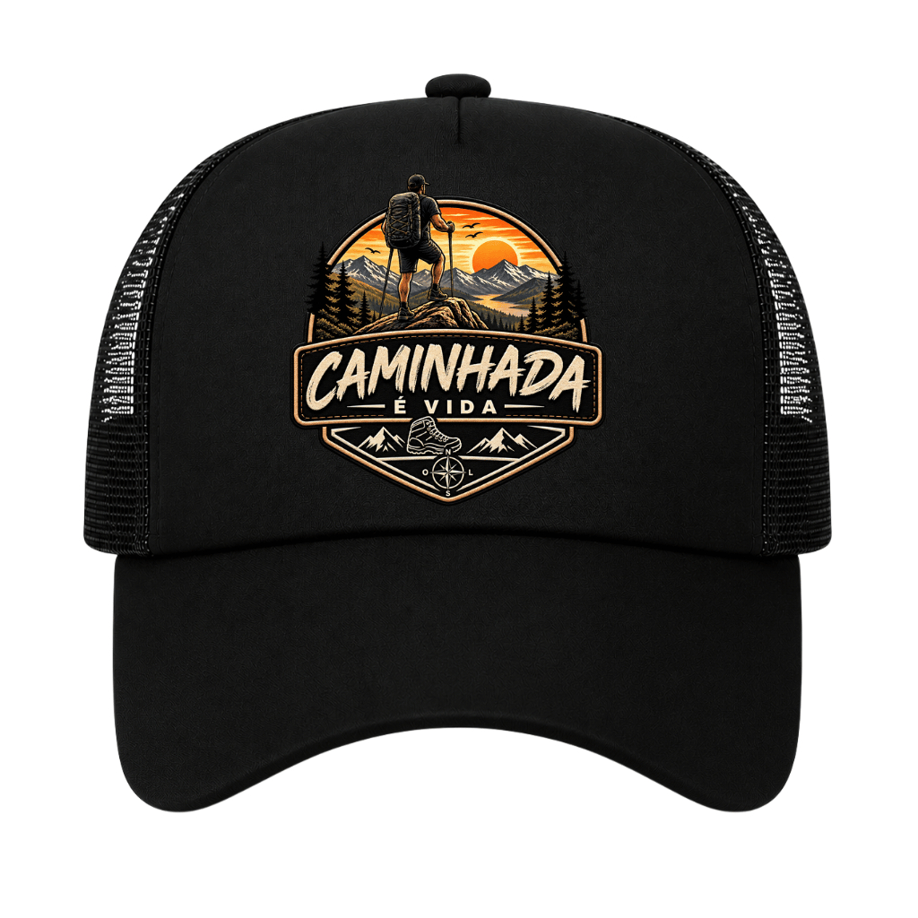 Boné Caminhada é Vida Trilha Aventura Montanha Natureza Camping Trekking Hiking Estampa DTF Premium Unissex