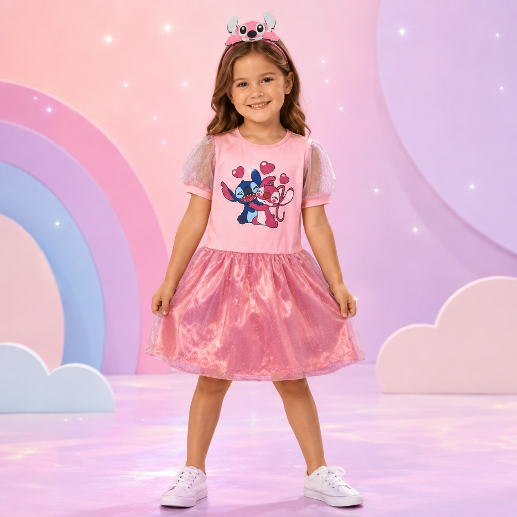 Vestido Infantil Stitch e Angel Rosa com Tiara – Fantasia Temática para Festa e Aniversário