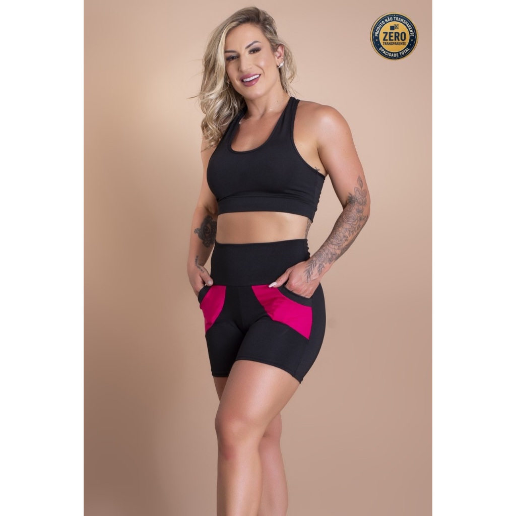 Conjunto Fitness Feminino Short Cintura Alta Bolso E Top Nadador Liso Sustentação Academia Treino ZERO TRANSPARÊNCIA