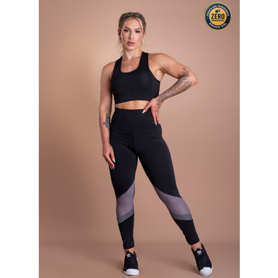 Conjunto Fitness Feminino Calça Legging Cintura Alta Detalhe Tela E Top Nadador Sustentação Treino ZERO TRANSPARÊNCIA