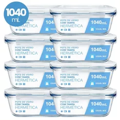 Kit 10 Pote Vidro Hermético Marmita 1040ml Micro-ondas Freezer Forno Organização Geladeira