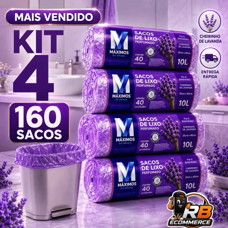 Saco de Lixo Perfumados Lavanda | KIT 4 ROLOS | 160 Sacos | Pia e Banheiro | 34x38cm | Neutraliza Odores